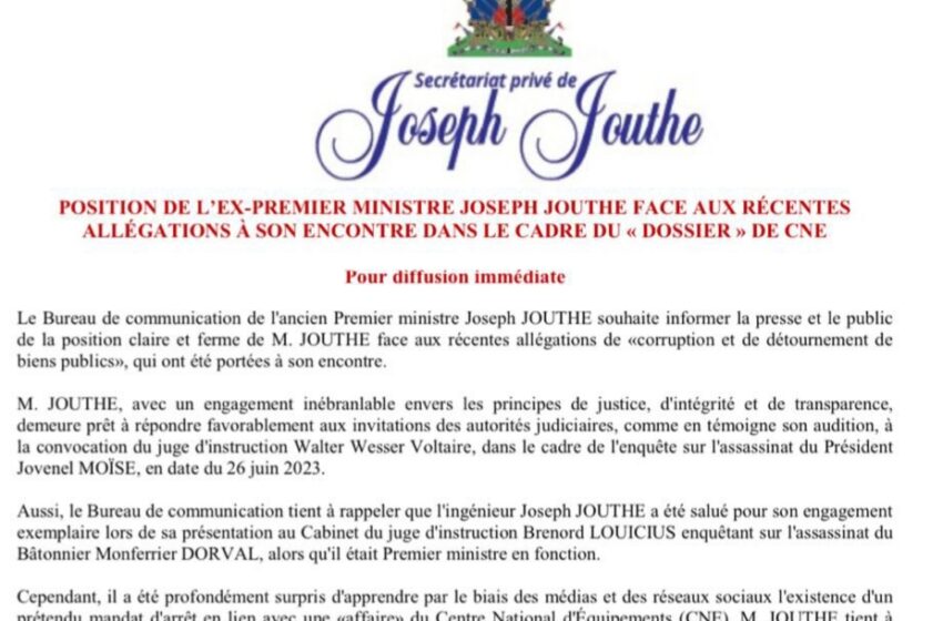  L’ex-Premier Ministre Joseph Jouthe nie toute Implication dans le Dossier de Corruption du CNE