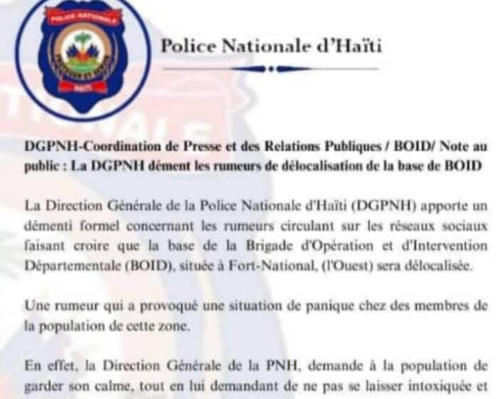  La PNH dément les rumeurs de délogement des agents de la BOID à Fort National